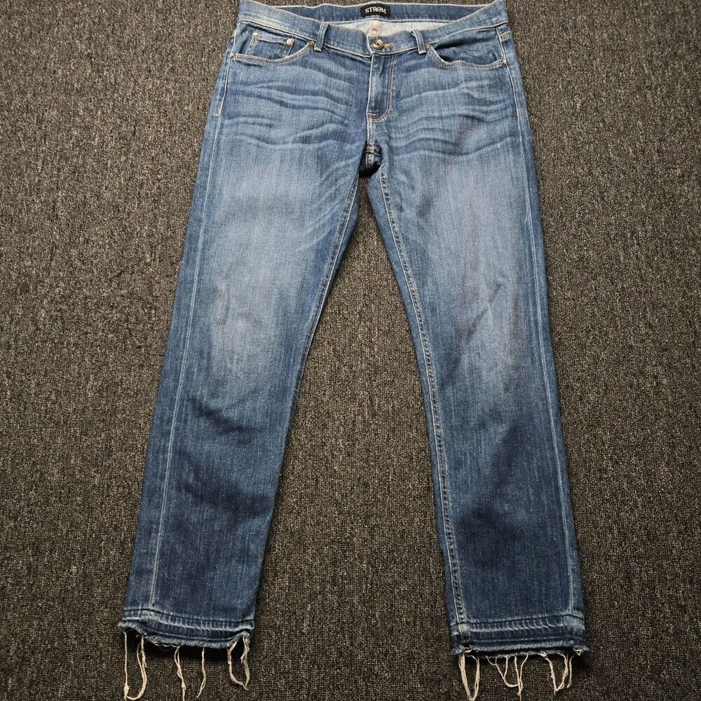 STROM Women’s Jeans 29 Sexton Slim Boyfriend Blue Distressed Raw Hem USA Made